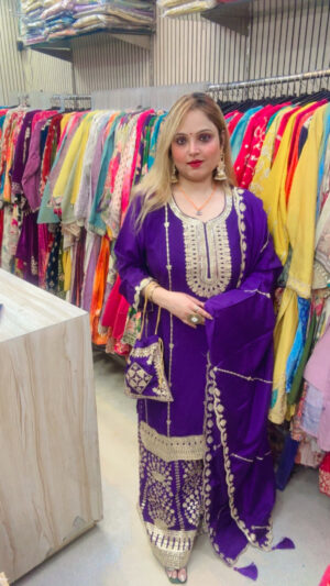 Festive Wear Chinon Palazzo Suit with Intricate Embroidery