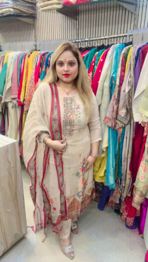 Muslin Pant Suit with Self Print & Grass Tissue Dupatta