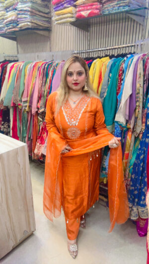 Dola Silk Pant Suit with Heavy Work & Organza Tissue Dupatta