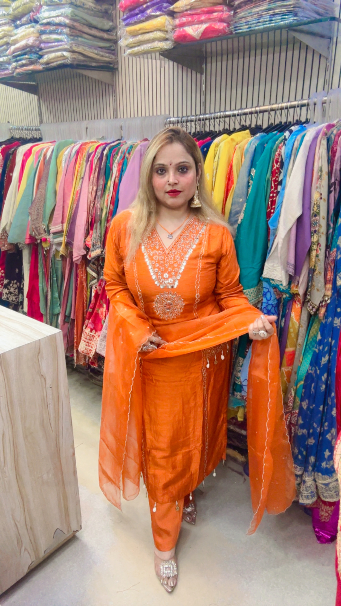 Dola Silk Pant Suit with Heavy Work & Organza Tissue Dupatta