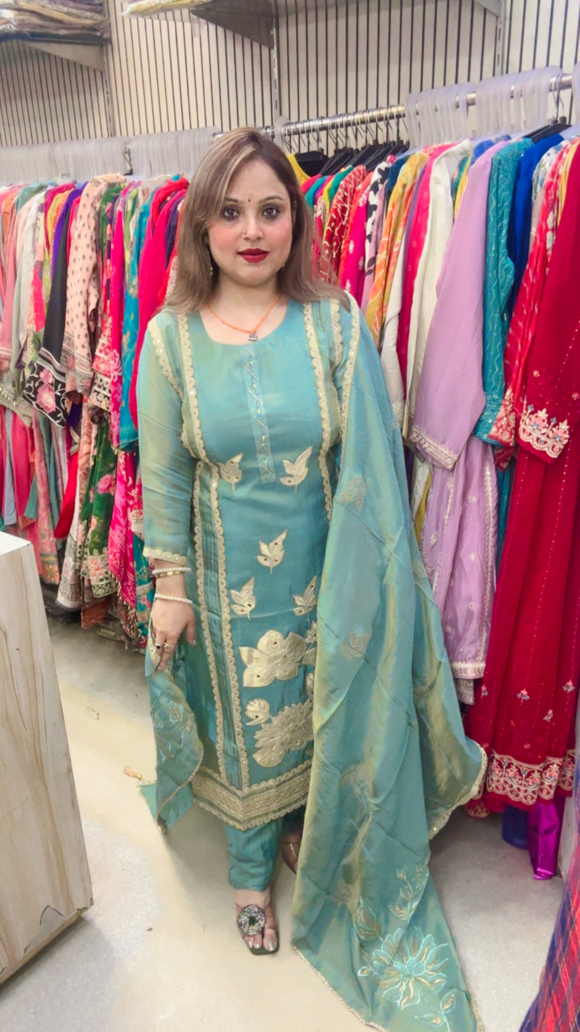 Shimmer Silk Pant Suit with Heavy Embellished Work & Dupatta - Image 2