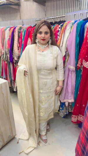 Shimmer Silk Pant Suit with Heavy Embellished Work & Dupatta