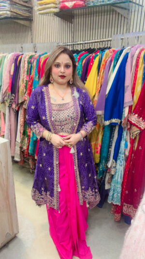 Pure Crepe Skirt Suit with Heavy Worked Crop Top & Bandhej Print Shrug