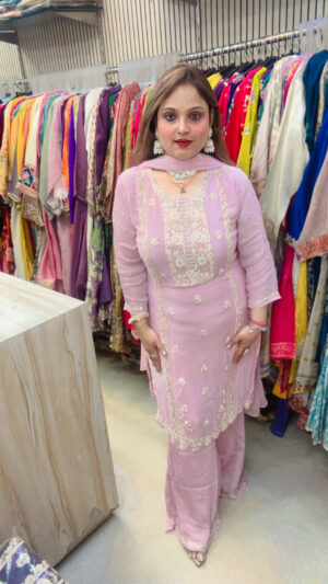 Premium Chinon Palazzo Suit with Heavy Embellished Work & Chiffon Dupatta