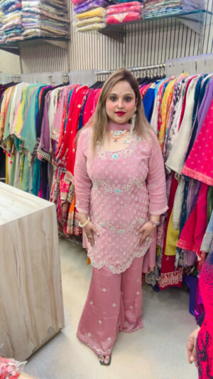 Premium Chinon Palazzo Suit with Heavy Embroidery & Dupatta