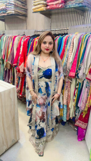 Crush Dola Silk Indo-Western Set with Digital Print, Heavy Work Blouse & Shrug