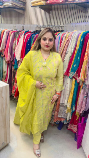 Grass Tissue Pant Suit with Heavy Embroidery & Dupatta