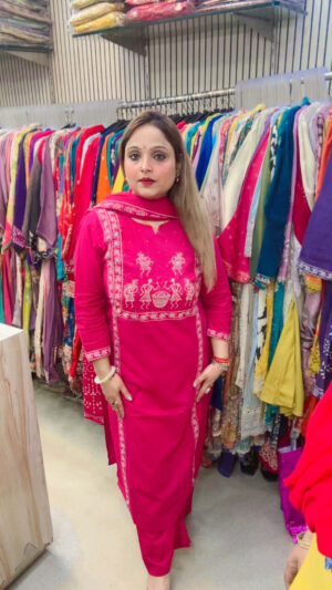 Cambric Cotton Palazzo Suit with Kalamkari Embroidery & Mul Cotton Dupatta