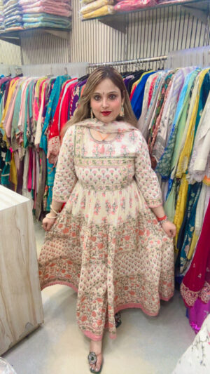 Pure Mul Cotton Chinon Anarkali Suit with Kalamkari Print & Dupatta