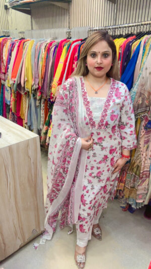 Pure Mul Cotton Pant Suit with Floral Print, Heavy Work & Dupatta