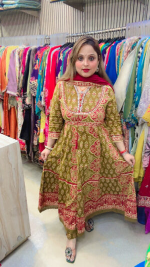 Pure Cotton Anarkali Suit with Kalamkari Print & Kota Doriya Dupatta