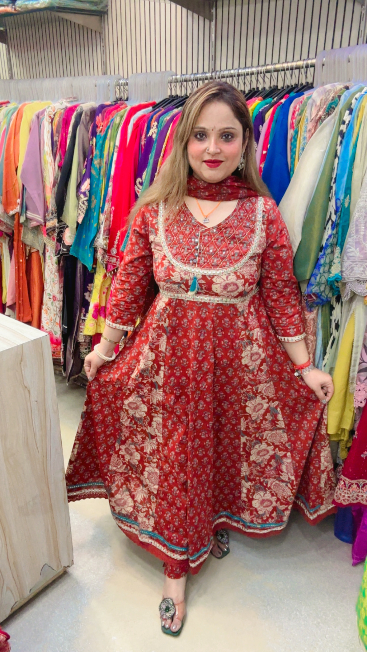 Pure Cotton Anarkali Suit with Kalamkari Print & Kota Doriya Dupatta - Image 2