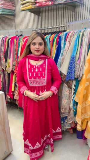 Pure Cotton Anarkali Suit with Embroidery, Mirror Work & Mul Cotton Dupatta