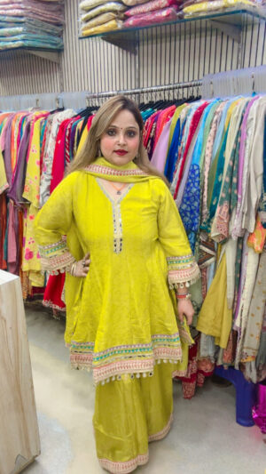 Shimmer Silk Palazzo Suit with Mirror Work & Dupatta