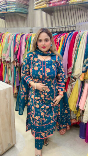 Cotton Pant Suit with Kalamkari Print & Dupatta