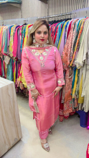 Party Wear Shimmer Silk Pant Suit with Heavy Work & Dupatta