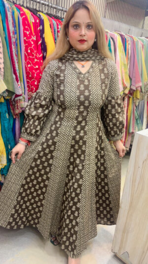 Pure Cotton Anarkali Suit with Mirror Work & Dupatta