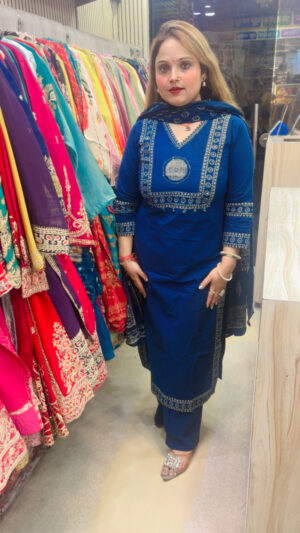 Cambric Cotton Pant Suit with Bandhej, Mirror Work & Dupatta