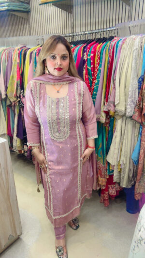 Shimmer Silk Pant Suit with Heavy Work & Dupatta