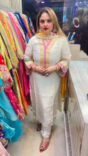 Crepe Pant Suit with Heavy Work & Bandhej Print Chinon Dupatta