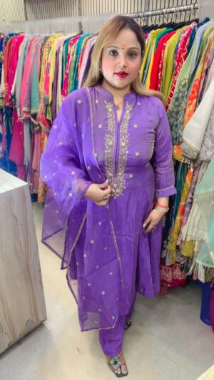 Luxury Shimmer Silk Palazzo Suit with Heavy Work & Organza Dupatta for Women