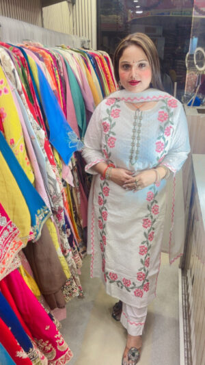 Elegant Pure Cotton Palazzo Suit with Embroidery, Self Print & Mul Cotton Dupatta for Women
