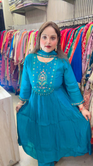 Elegant Mul Chanderi Palazzo Suit with Embroidery & Dupatta for Women