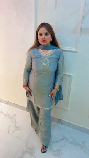 Luxury Shimmer Silk Co-Ord Set with Heavy Work & Chiffon Dupatta for Women