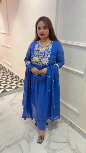 Pure Cotton Thread Embroidered Suit – Frock Style with Dupatta