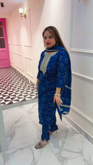 Elegant Pure Cotton Pant Suit with Embroidery & Kalamkari Print Dupatta for Women