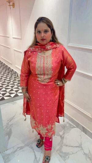 Luxury Shimmer Silk Pant Suit with Self Print, Mirror Work & Dupatta for Women