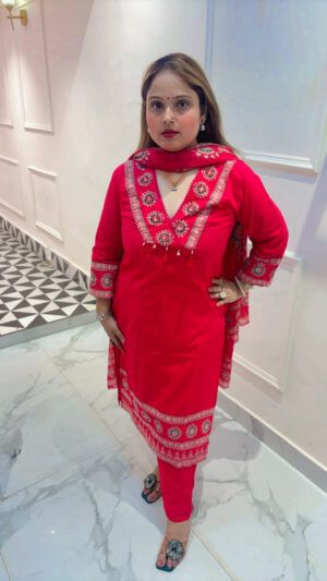 Elegant Pure Cambric Cotton Pant Suit with Beads & Mirror Work Dupatta for Women