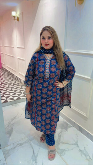 Elegant Pure Cotton Pant Suit with Embroidery & Ajrakh Print Dupatta for Women