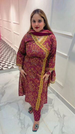 Elegant Pure Cotton Printed Angrakha Suit with Dupatta for Women