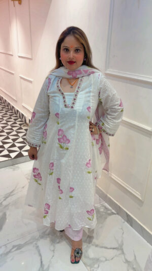 Elegant Pure Cotton Anarkali Suit with Embroidery, Self Print & Dupatta for Women