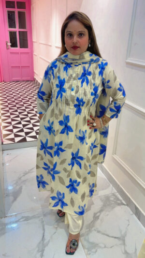 Elegant Linen Pant Suit with Beads Work, Printed, Kota Doria Dupatta for Women