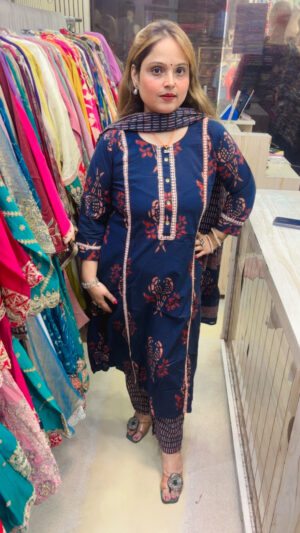 Elegant Pure Cotton Pant Suit with Lace Work, Batik Print & Dupatta for Women