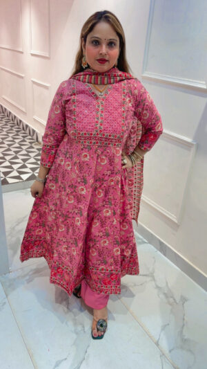 Elegant Pure Cotton Anarkali Suit with Mirror Work, Print & Dupatta for Women