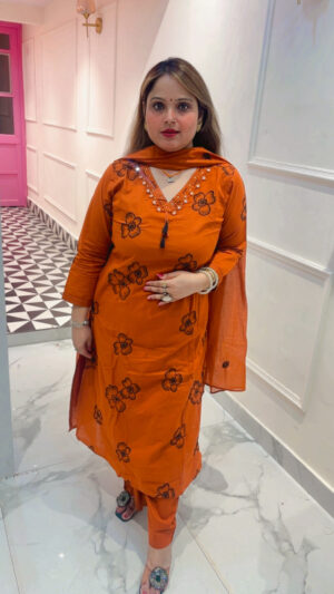 Elegant Pure Cotton Pant Suit with Mirror Work & Dupatta for Women