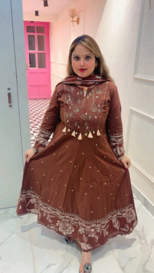 Elegant Pure Cotton Anarkali Suit with Embroidery, Beads Work & Dupatta for Women