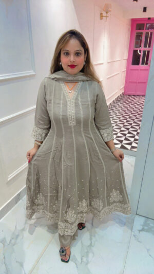 Elegant Dola Silk Anarkali Suit with Embroidery & Dupatta for Women