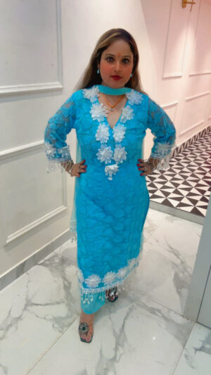 Elegant Net Pant Suit with Lace Work & Dupatta for Women