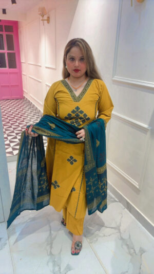 Elegant Pure Cotton Palazzo Suit with Patch Work & Dupatta for Women
