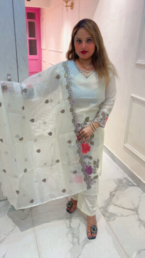 Elegant Pure Kota Doria Pant Suit with Embroidery & Dupatta for Women