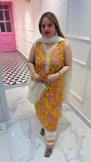 Elegant Pure Cotton Pant Suit with Mirror Work & Dupatta for Women