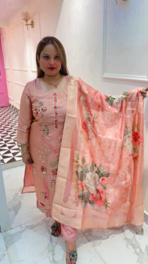 Luxury Shimmer Silk Pant Suit with Embroidery, Mirror Work & Grass Tissue Dupatta for Women