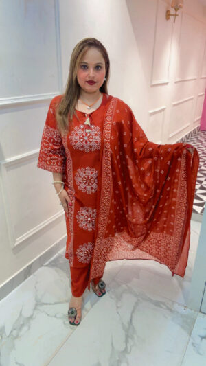 Elegant Pure Cotton Pant Suit with Print, Mirror Work & Mul Cotton Dupatta for Women