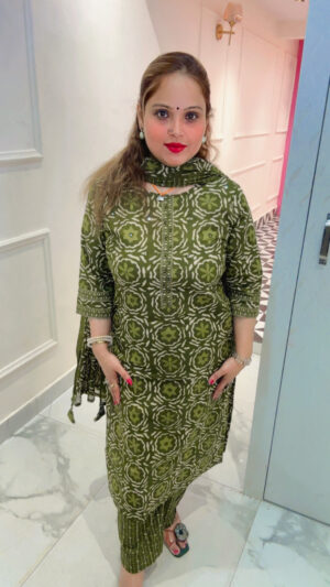 Elegant Pure Cotton Pant Suit with Kalamkari Print, Mirror Work & Dupatta for Women