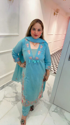 Elegant Pure Mul Cotton Pant Suit with Embroidery, Beads Work & Dupatta for Women