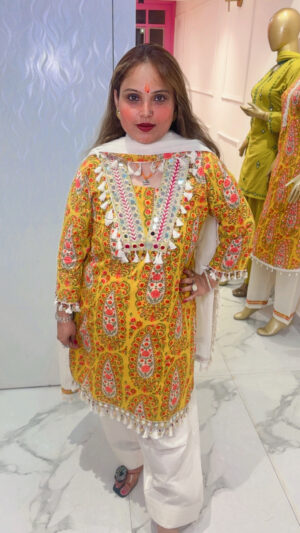 Elegant Cotton Farshi Salwar Suit with Printed Design, Mirror Work & Dupatta for Women